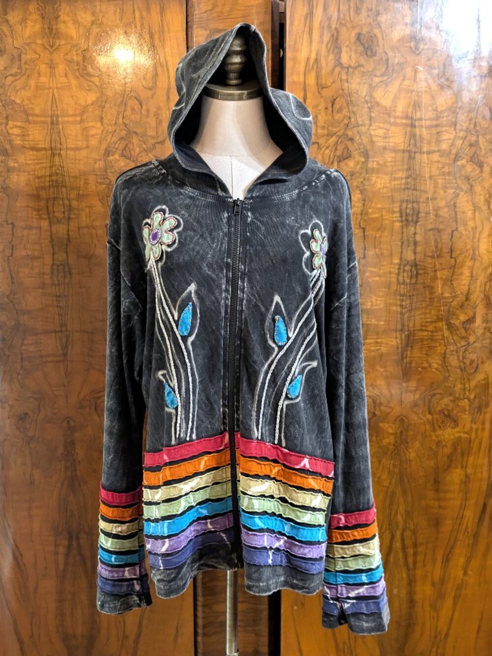 Nepal Boho Hippie Patchwork Hoodie Jacket XXL Stonewash Floral Embroidered